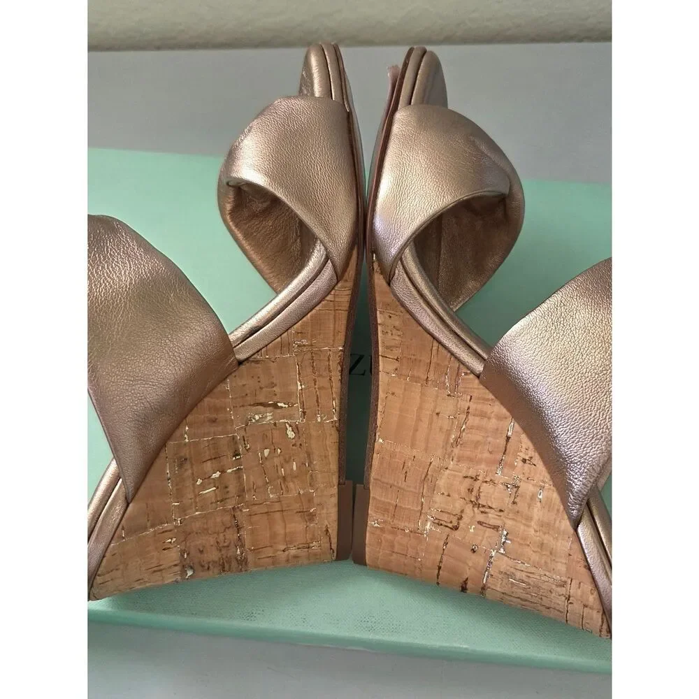 AQUAZZURA Twist Metallic Leather Wedge Mules in Light Copper $750